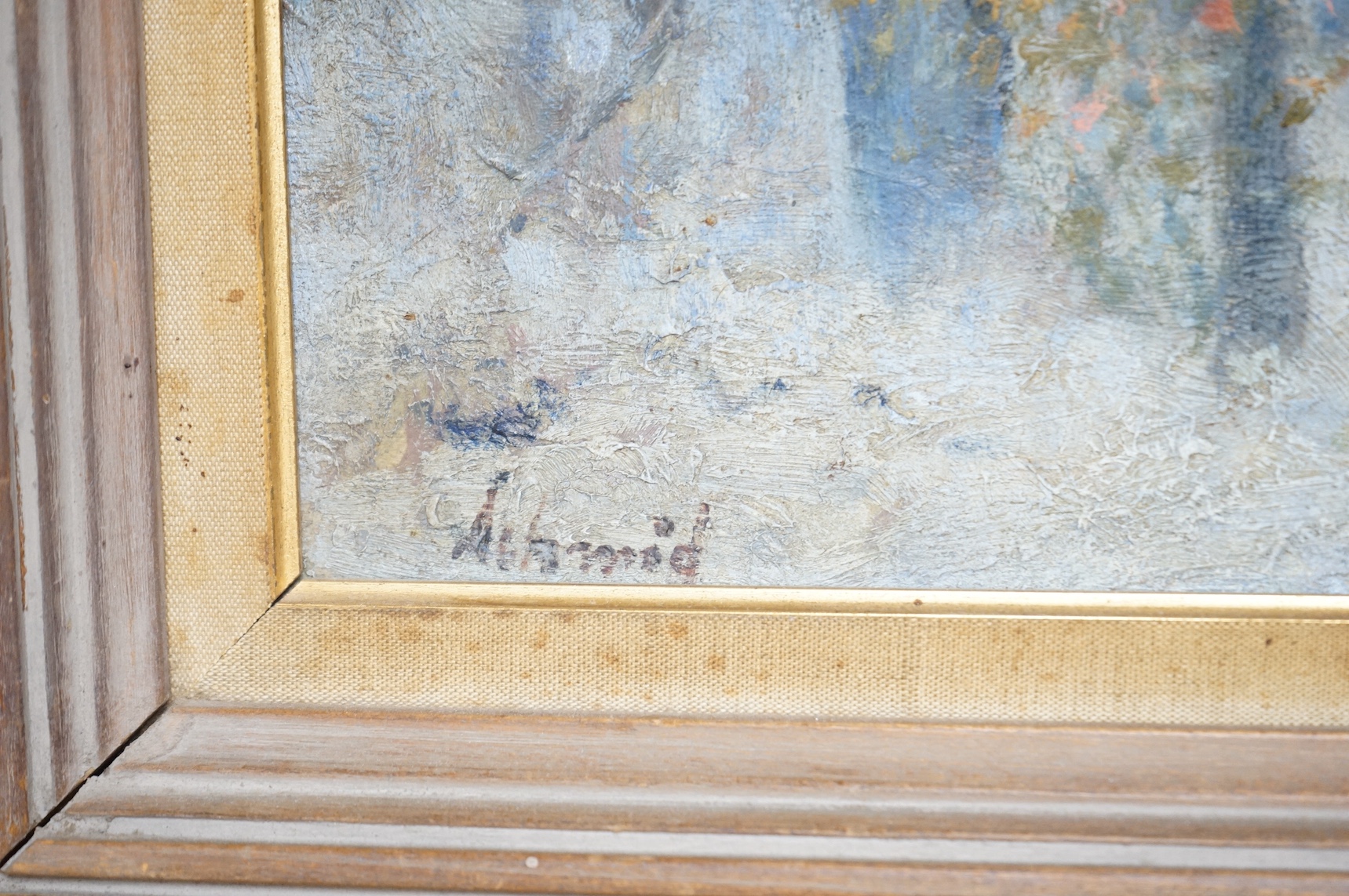 Richard Schmid (American, 1934-2021), oil on board, Winter landscape, signed, inscribed Connecticut 1960 verso, 18 x 35cm. Condition - fair, would benefit from a clean